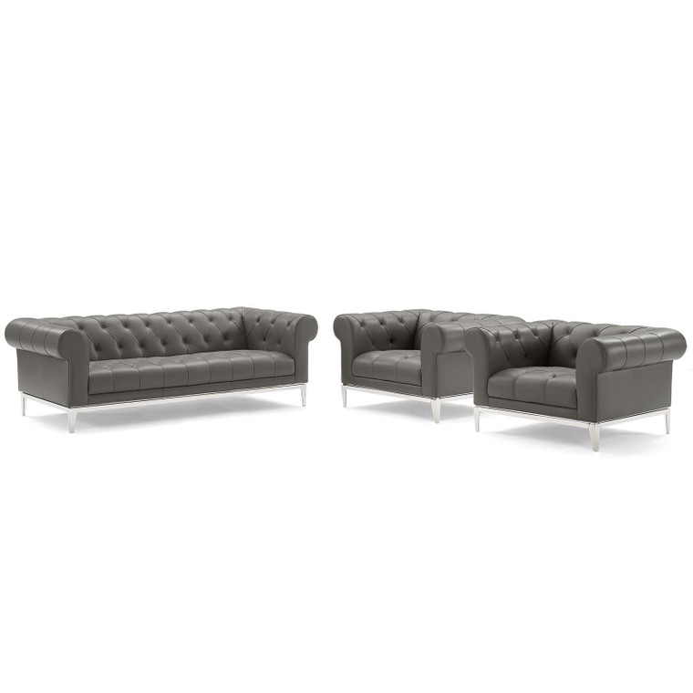 Idyll Tufted Upholstered Leather 3 Piece Set | Sofa + Armchairs