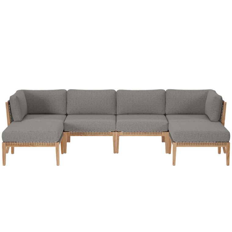 Clearwater Outdoor Patio Teak Wood 6-Piece Sectional Sofa | Armless Chairs + Corner Chairs + Ottomans