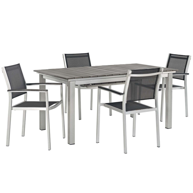 Shore 5 Piece Outdoor Patio Aluminum Black Dining Set | Extension Table + Armchairs