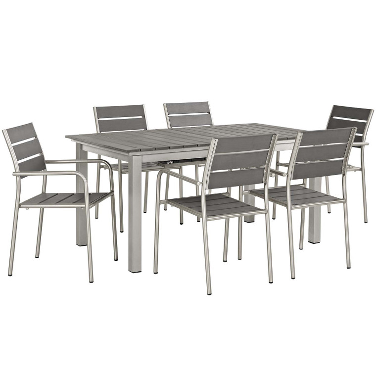 Shore 7 Piece Outdoor Patio Aluminum Gray Dining Set | Extension Table + Armchairs