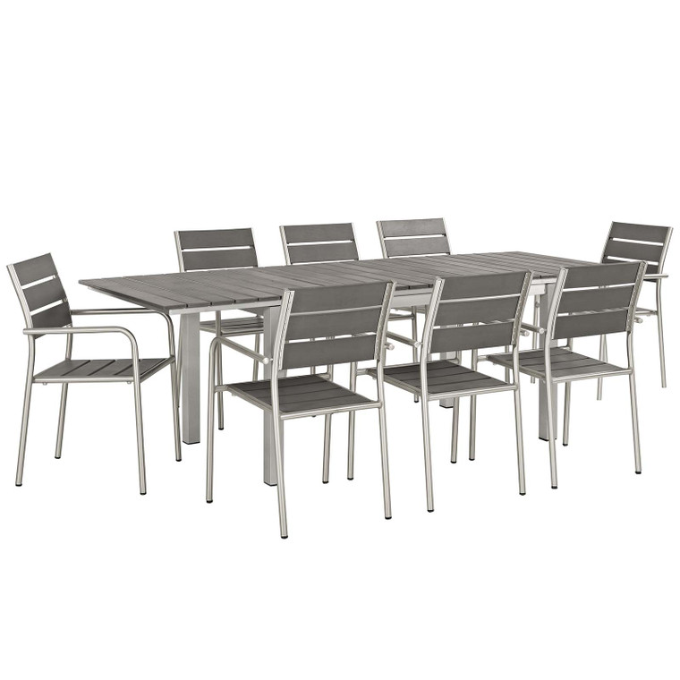 Shore 9 Piece Outdoor Patio Aluminum Gray Dining Set | Extension Table + Armchairs