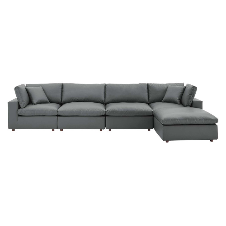 Commix Down Filled Overstuffed Vegan Leather 5-Piece Sectional Sofa | Armless Chairs + Ottoman + Corner Chairs