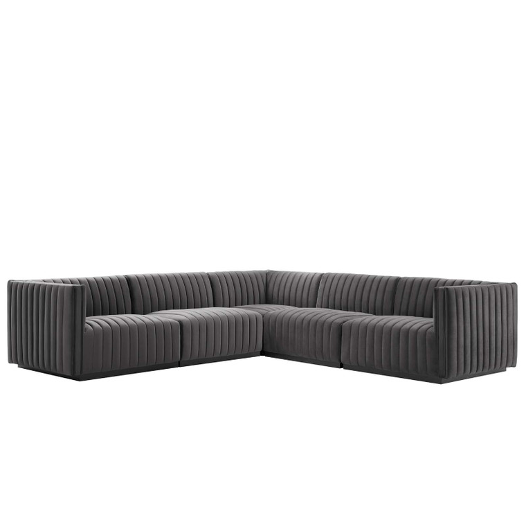 Conjure Channel Tufted Black Performance Velvet 5-Piece Sectional | Right Corner Chair + Armless Chairs + Left/Right Armchairs