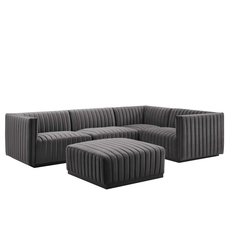 Conjure Channel Tufted Black Performance Velvet 5-Piece Sectional | Armless Chairs + Left/Right Armchairs + Right Corner Chair + Ottoman