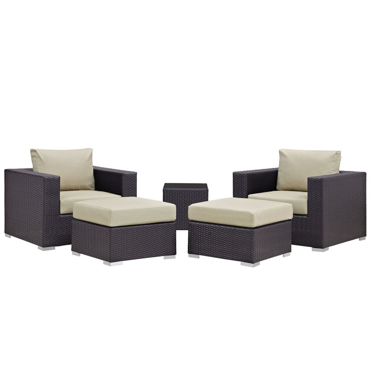 Convene 5 Piece Outdoor Patio Sectional Set | Ottomans + Side Table + Armchairs