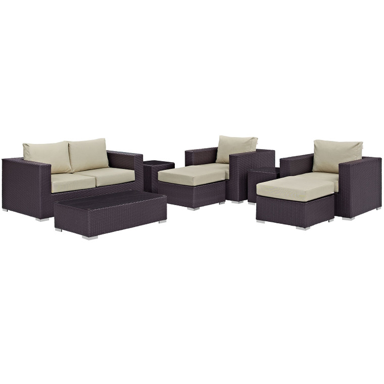 Convene 8 Piece Outdoor Patio Sectional Set | Coffee Table + Side Tables + Armchairs + Ottomans + Loveseat