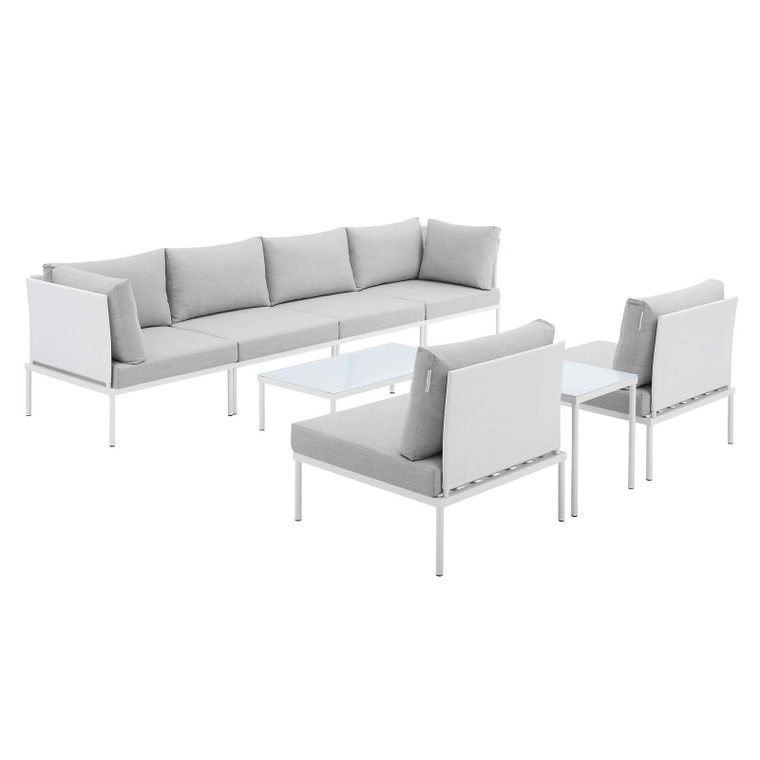Harmony 8-Piece  Sunbrella® Outdoor White Patio Aluminum Sectional Sofa Set | Armless Chairs + Coffee Table + Side Table + Corner Chairs