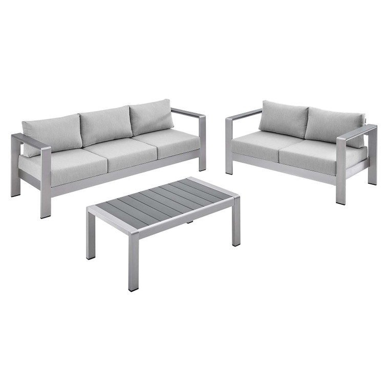 Shore Sunbrella® Fabric Outdoor Patio Aluminum 3 Piece Set | Coffee Table + Loveseat + Sofa