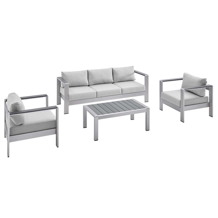 Shore Sunbrella® Fabric Outdoor Patio Aluminum 4 Piece Set | Coffee Table + Sofa + Armchairs