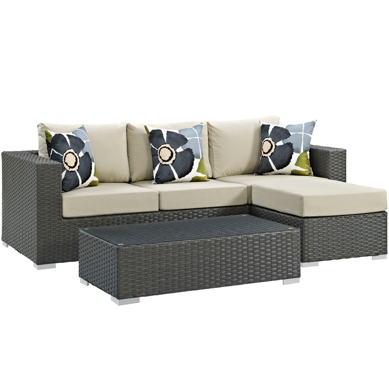 Sojourn 3 Piece Outdoor Patio Sunbrella® Sectional Set | Coffee Table + Ottoman + Sofa