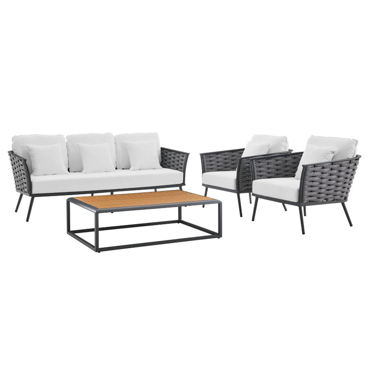 Stance 4 Piece Outdoor Patio Aluminum Sectional Sofa Set | Armchairs + Coffee Table + Sofa