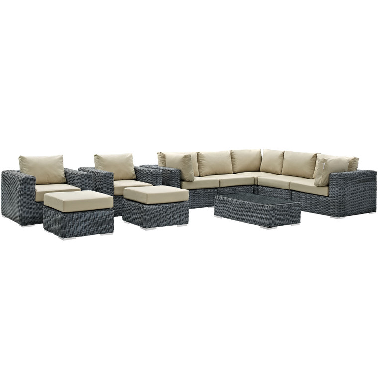 Summon 10 Piece Outdoor Patio Sunbrella® Sectional Set | Coffee Table + Armless Chairs + Armchairs + Corners + Ottomans