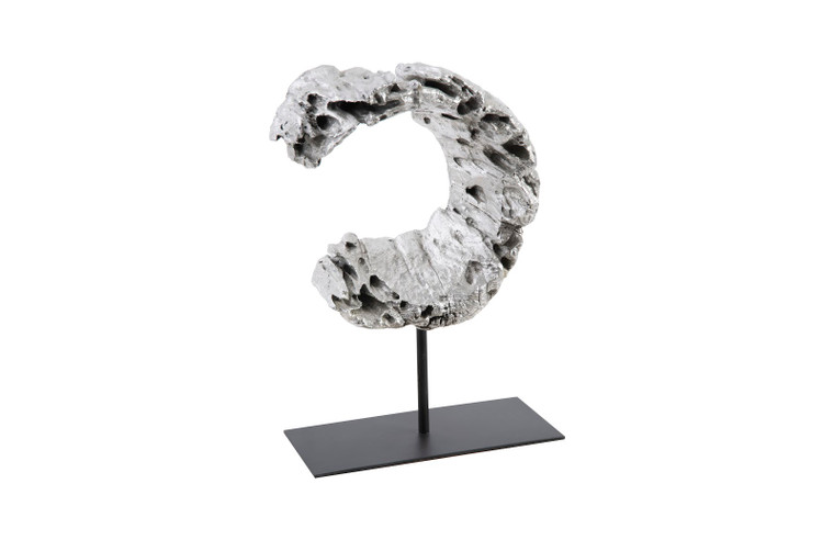 Cast Eroded Wood Circle On Stand | Silver, Black