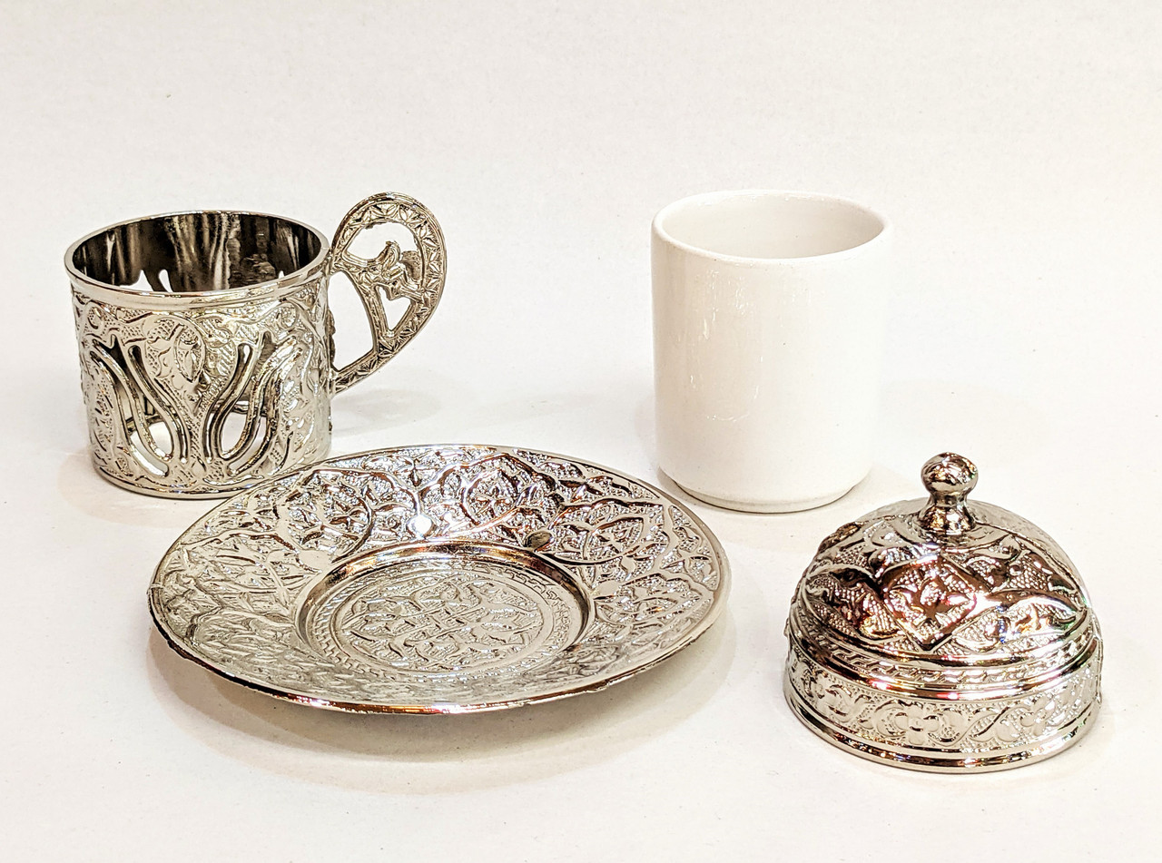 Traditional Antique Silver Turkish Coffee Set for 2