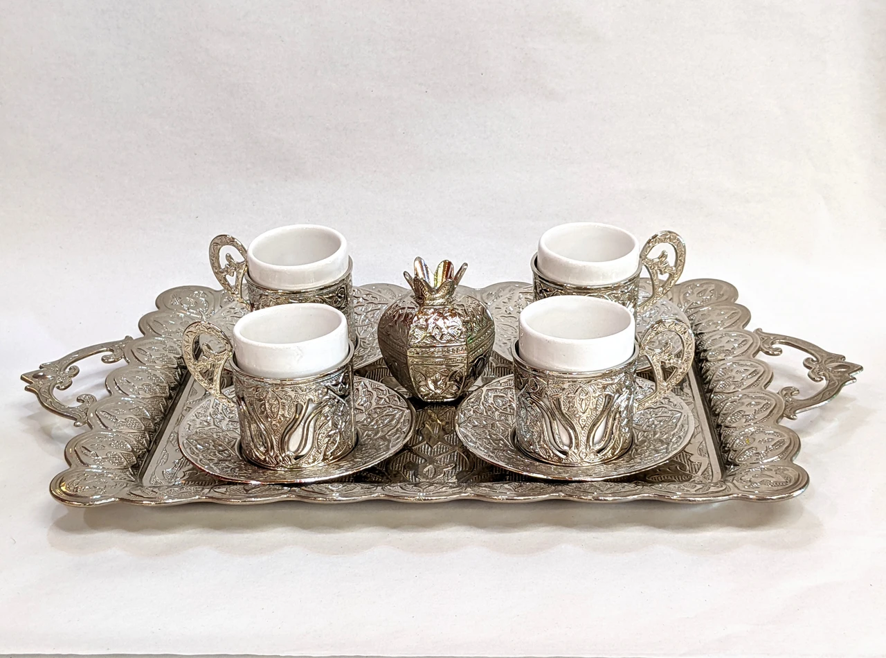 Turkish Coffee Set for Four Silver Color