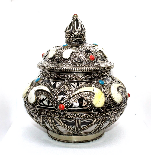 moroccan ceramic jar, handmade, hand-forged metal, ceramic with metal, jar, painted jar, jar with lid
