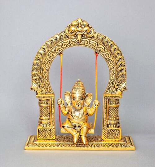 ganesh, ganesha, swing, sitting on swing, ganesha statue, metal, metal statue, gold statue, ganesha on swing, sitting ganesh, hindu god, wisdom, success