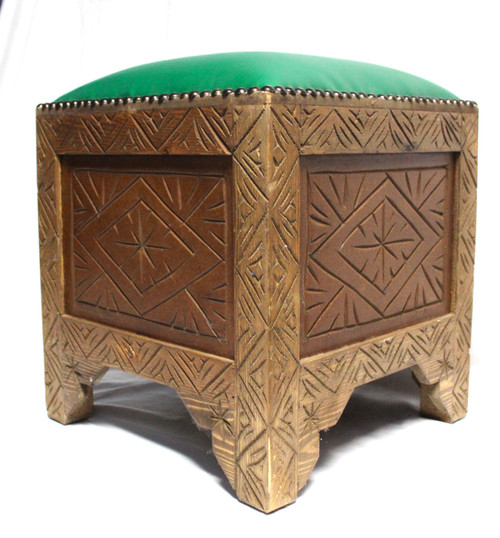 footstool with green leather top, handmade in Morocco, Moroccan furniture, Moroccan home decor, handmade furniture, carved furniture, green furniture, green stool, vanity stool, brown footstool, wooden footstool, wooden stool, handmade stool, green furniture
