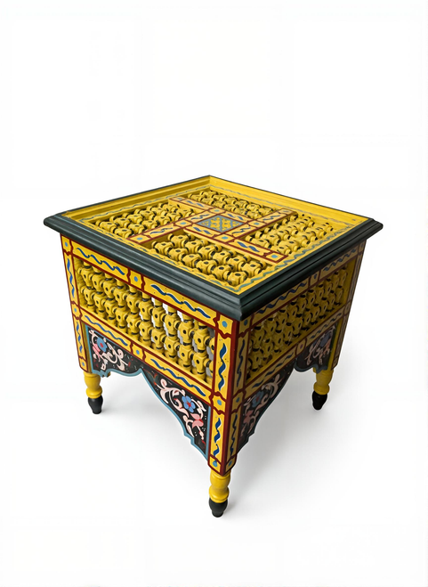 Moroccan side table, moucharabi table, end table, accent table, yellow table, coffee table, square table, handmade furniture, painted furniture, moroccan furniture