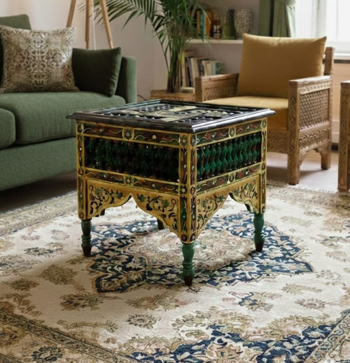 Moroccan side table, moucharabi table, end table, accent table, green table, coffee table, square table, handmade furniture, painted furniture, moroccan furniture