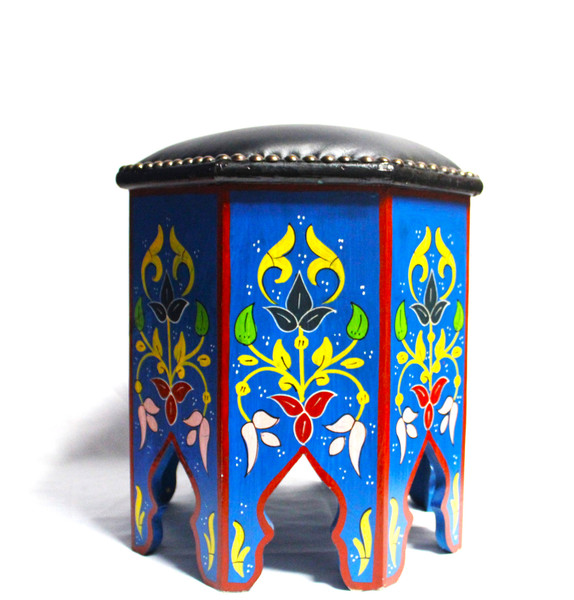 blue painted footstool with black leather top, handmade in Morocco, Moroccan furniture, Moroccan home decor, handmade furniture, painted furniture, blue furniture, blue stool, vanity stool,