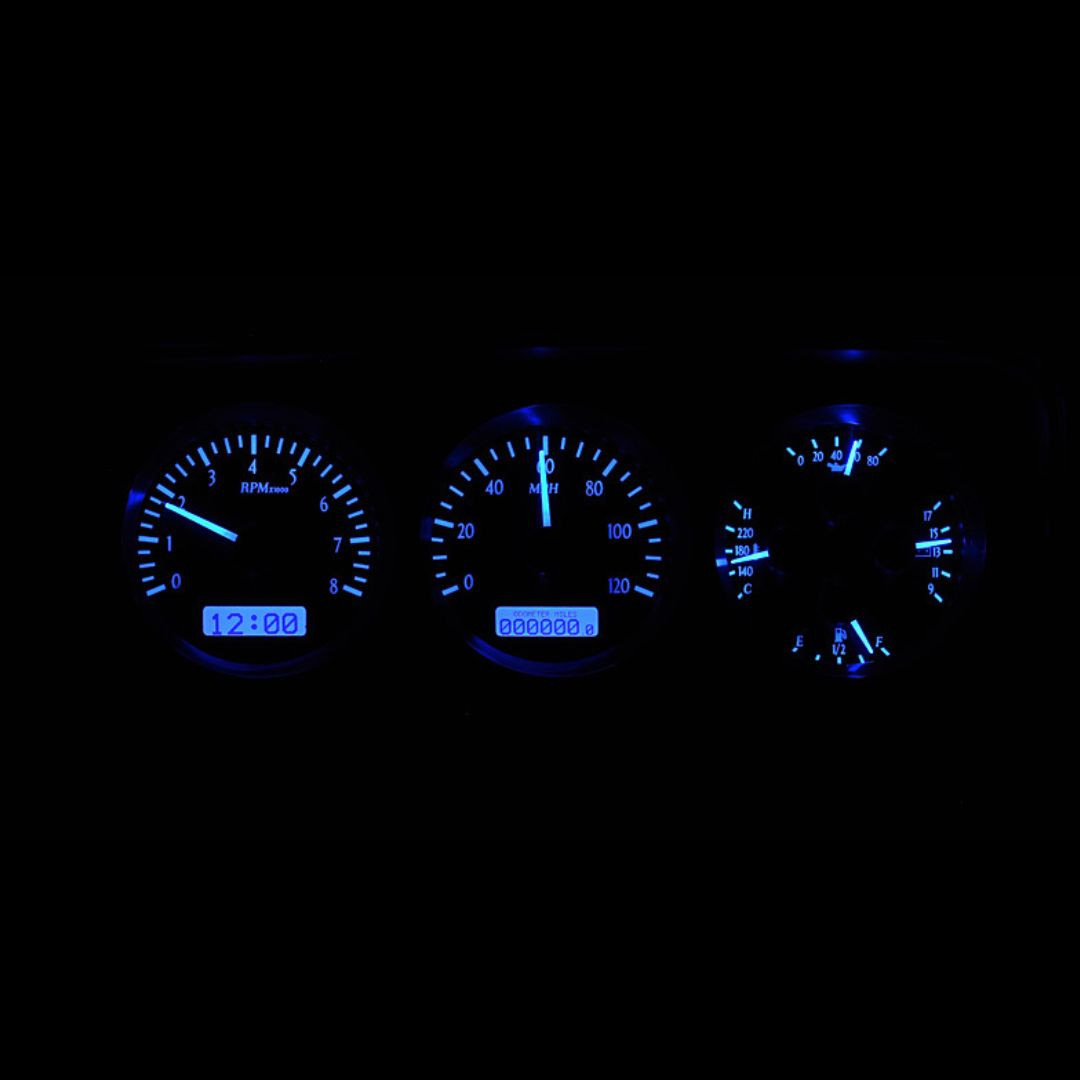 Dakota Digital VHX Series Dashboard 1973-1985; Silver Alloy/Blue