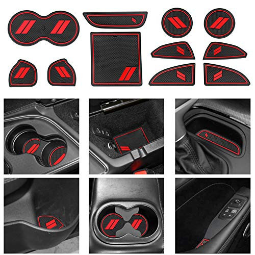 Cup Holder Insert & Center Console Shifter Liner Trim Mats, Dodge Challenger 2015-2020 Interior Accessories Cup Door Center Console Liner (11pcs, Red)