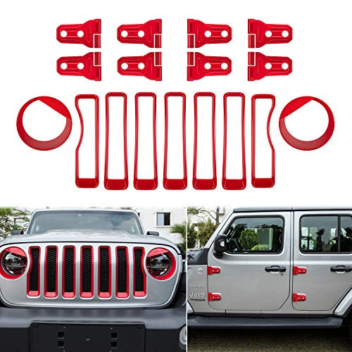 Front Grille Insert Grill Covers, Headlight Lamp Cover Trim Clip-in and Door Hinge Accessories Red for 2018 2019 2020 Jeep Wrangler JL JLU Sport/Sports (17PCS/Set)