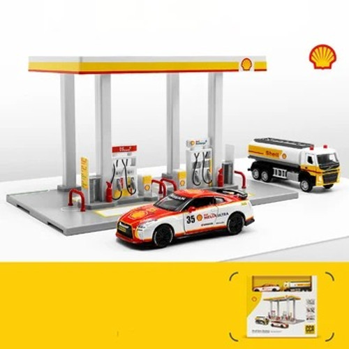 1/64 Gas Station Toy Model, Diecast Miniature 1/43 Gulf & Shell Racing Car Set, Volvo Oil Tank Truck Collection, Gift, Boys, Kid