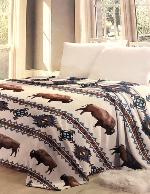 Western Linen- Queen- Flannel Fleece Blanket - Buffalo-Aztec