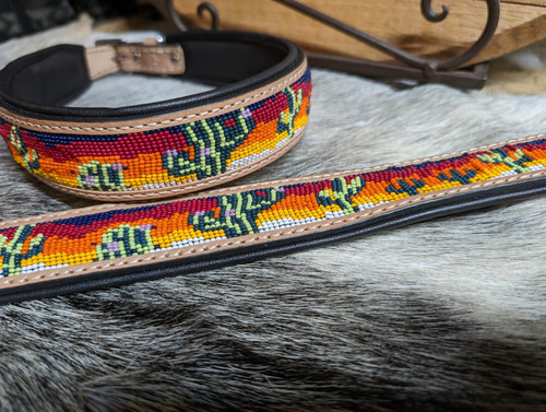 Tooled Leather and Beaded Dog Collar Cactus Design