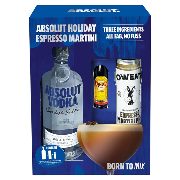 Absolut Vodka with One Mini of Kahlua Coffee Liqueur and One Owens Espresso Martini Mix - 750 mL - Set - Glass