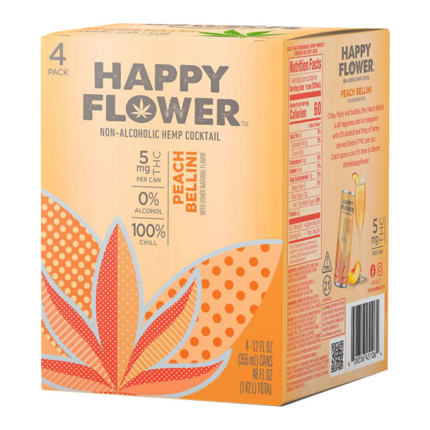 Happy Flower D9 THC 5mg Peach Bellini - 12 Oz - 4-PK