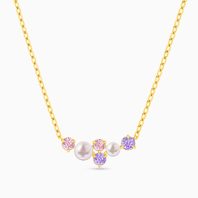 Round Pearls & Colored Stones Chain Necklace in 18K Gold - 21046030136