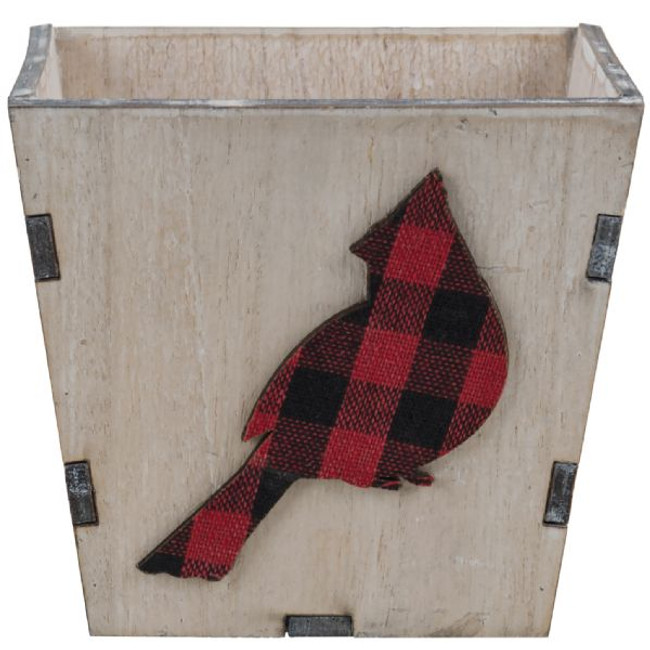 Wooden Planter w/ Buffalo Plaid Bird 4.75"