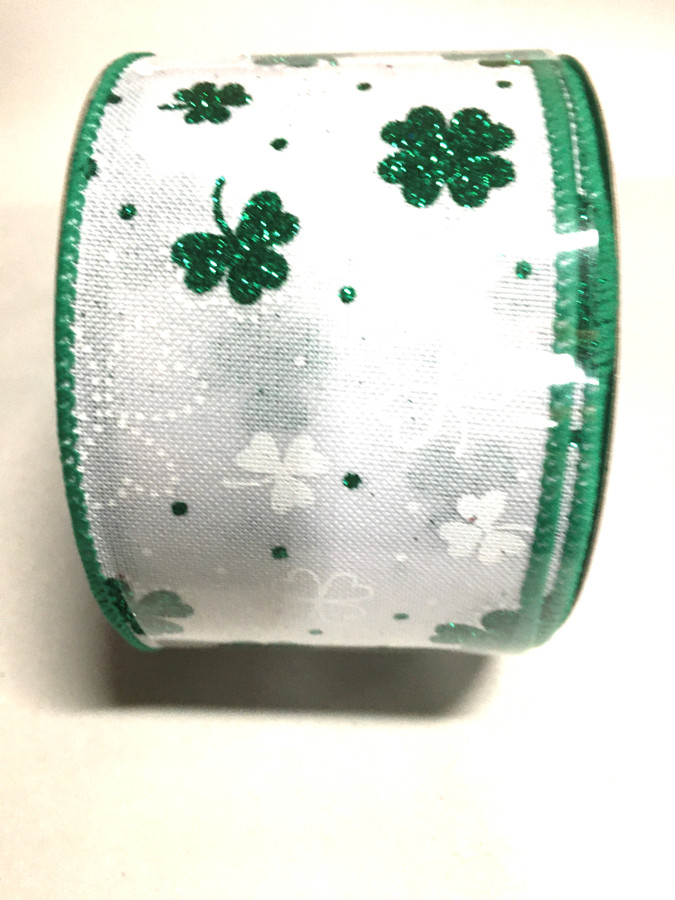 SP #40 White linen w/dk grn glitter shamrocks 10yrds 