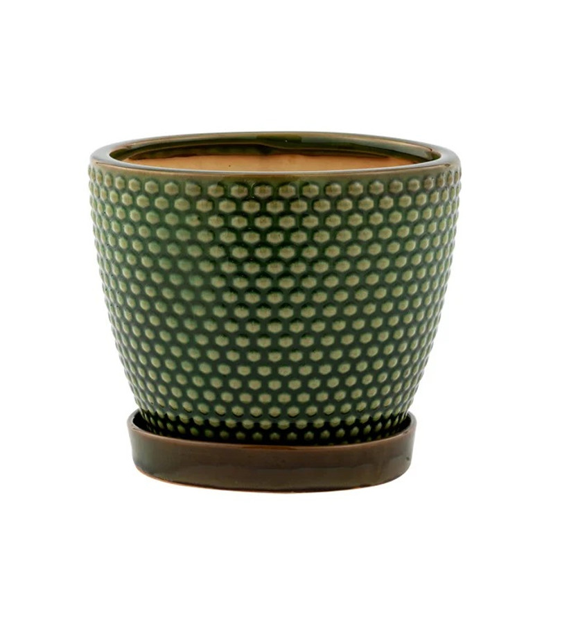 Hobnail 6" green pot w/saucer