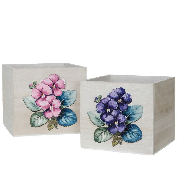 Wood Sq 5x5x5 w/violets 2 styl