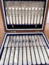 Antique Silverplate & Mother of Pearl Flatware Service for 12 Antique Silverplate & Mother of Pearl Flatware Service for 12