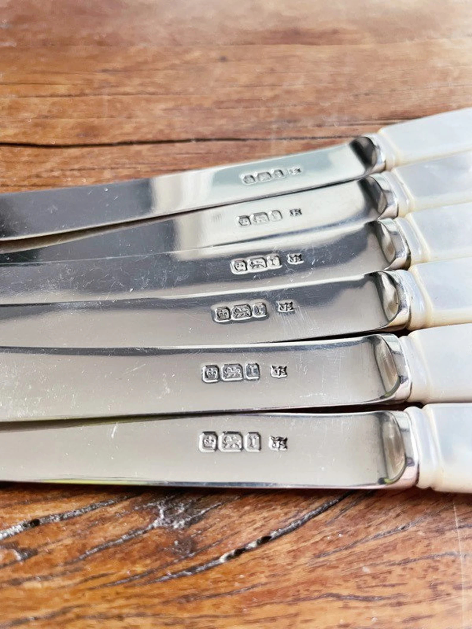 1909 Solid Sterling Silver and Mother of Pearl Knives - Set of 6