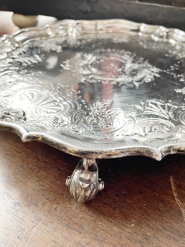 Antique 1744 English Georgian Sterling Silver Footed Salver Tray