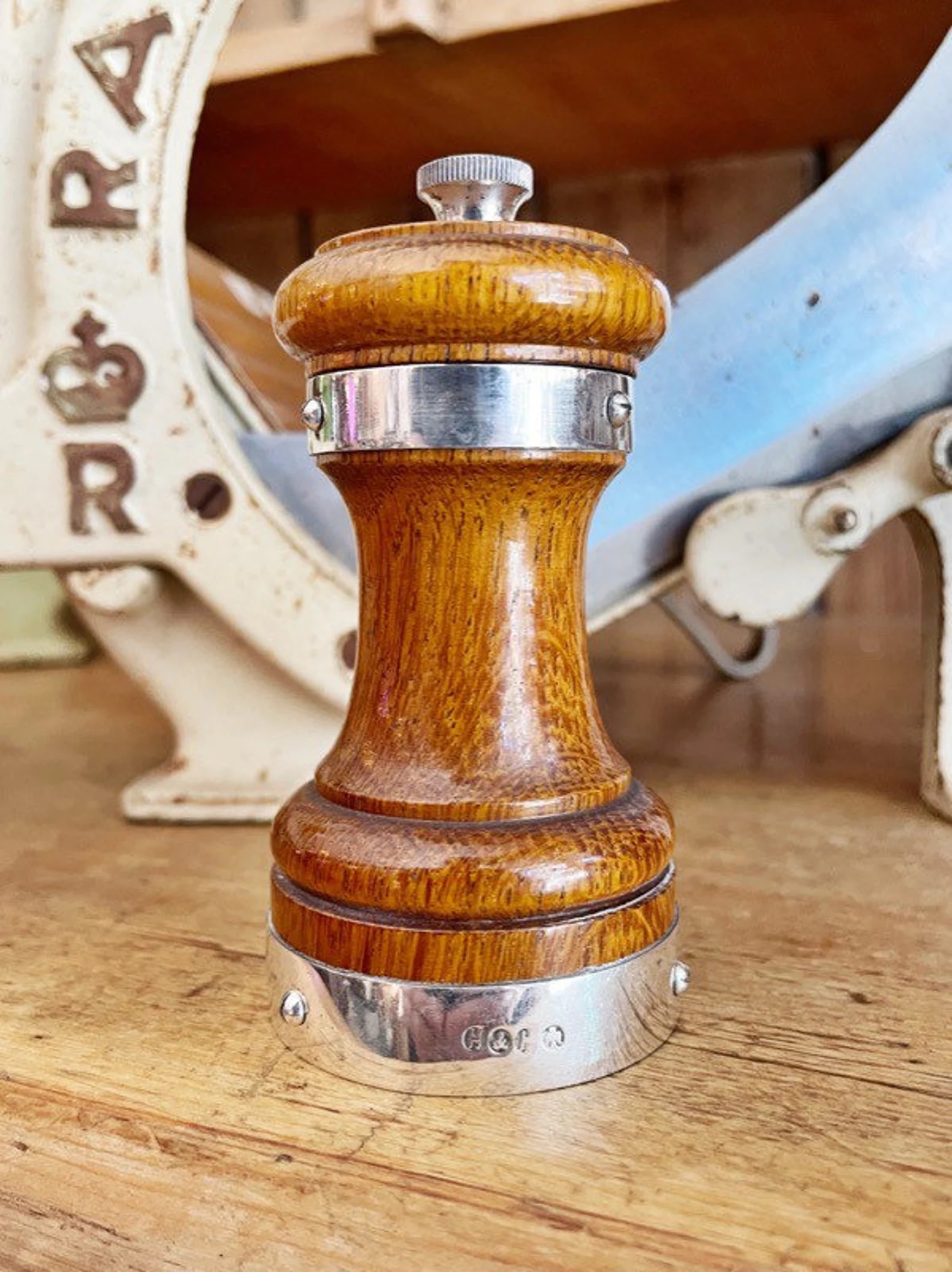 Antique English Oak & Silver Pepper Mill from London and North Western Railway