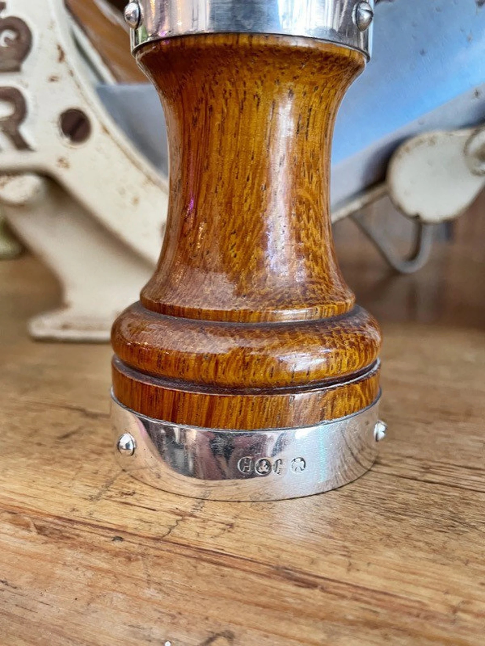 Antique English Oak & Silver Pepper Mill from London and North Western Railway