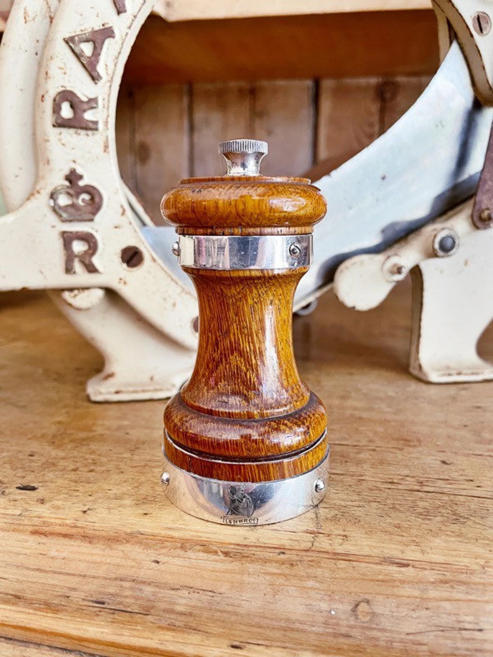 Antique English Oak & Silver Pepper Mill from London and North Western Railway