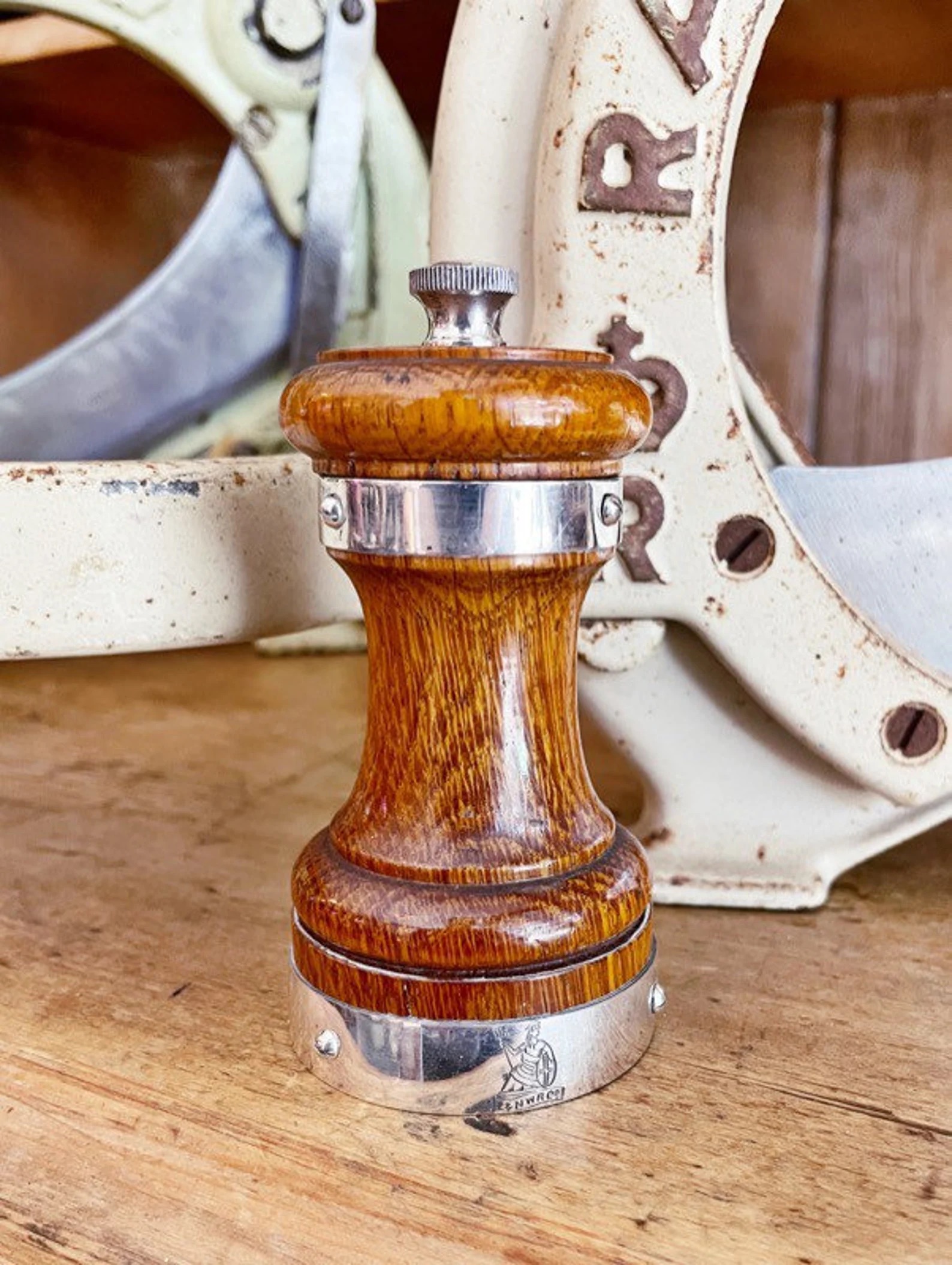 Antique English Oak & Silver Pepper Mill from London and North Western Railway