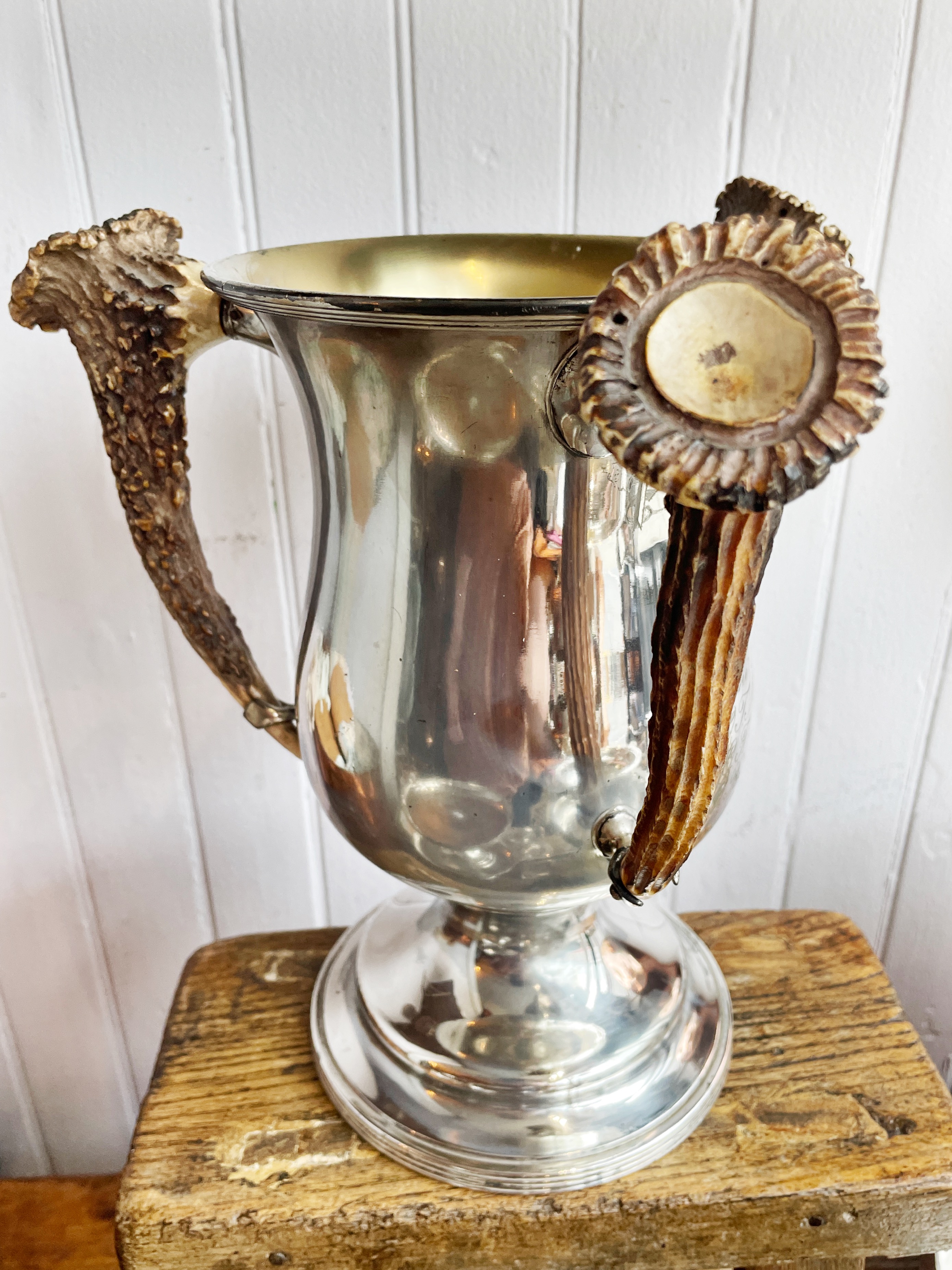 1911 Silver Plated Odd Fellows Trophy with Deer Antler Handles