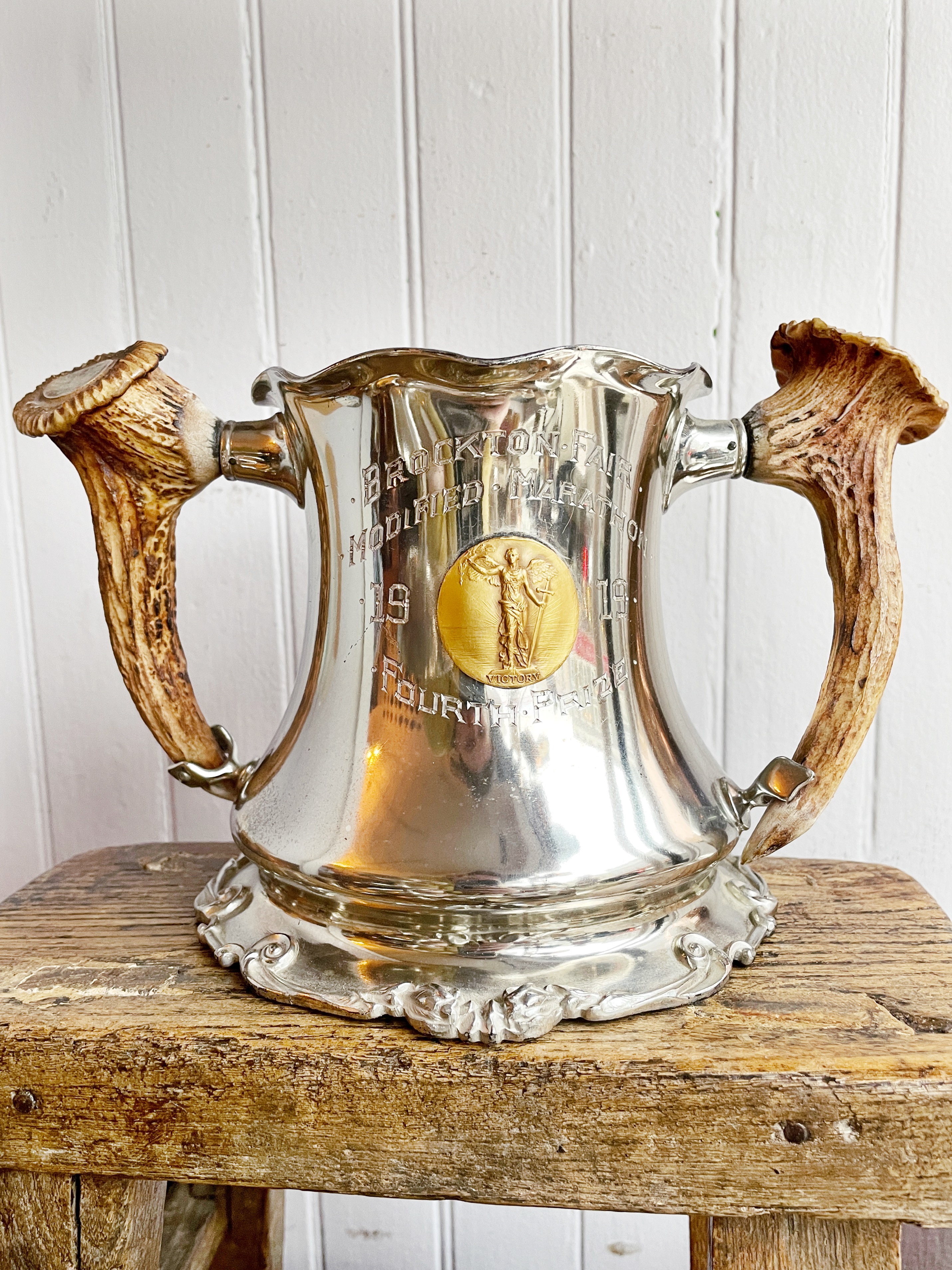 1919 Silver Plated Marathon Trophy with Deer Antler Handles
