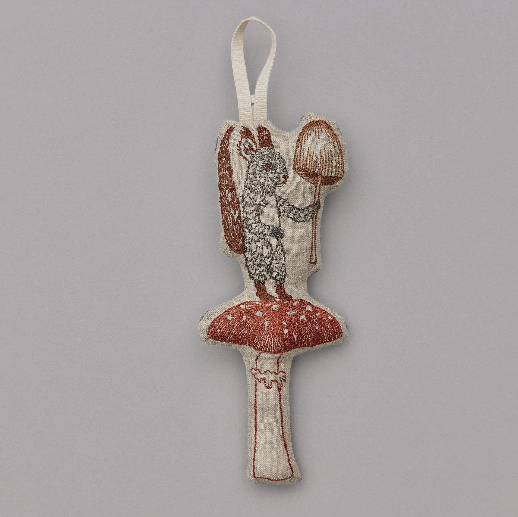 Embroidered Linen Squirrel with Mushroom Ornament