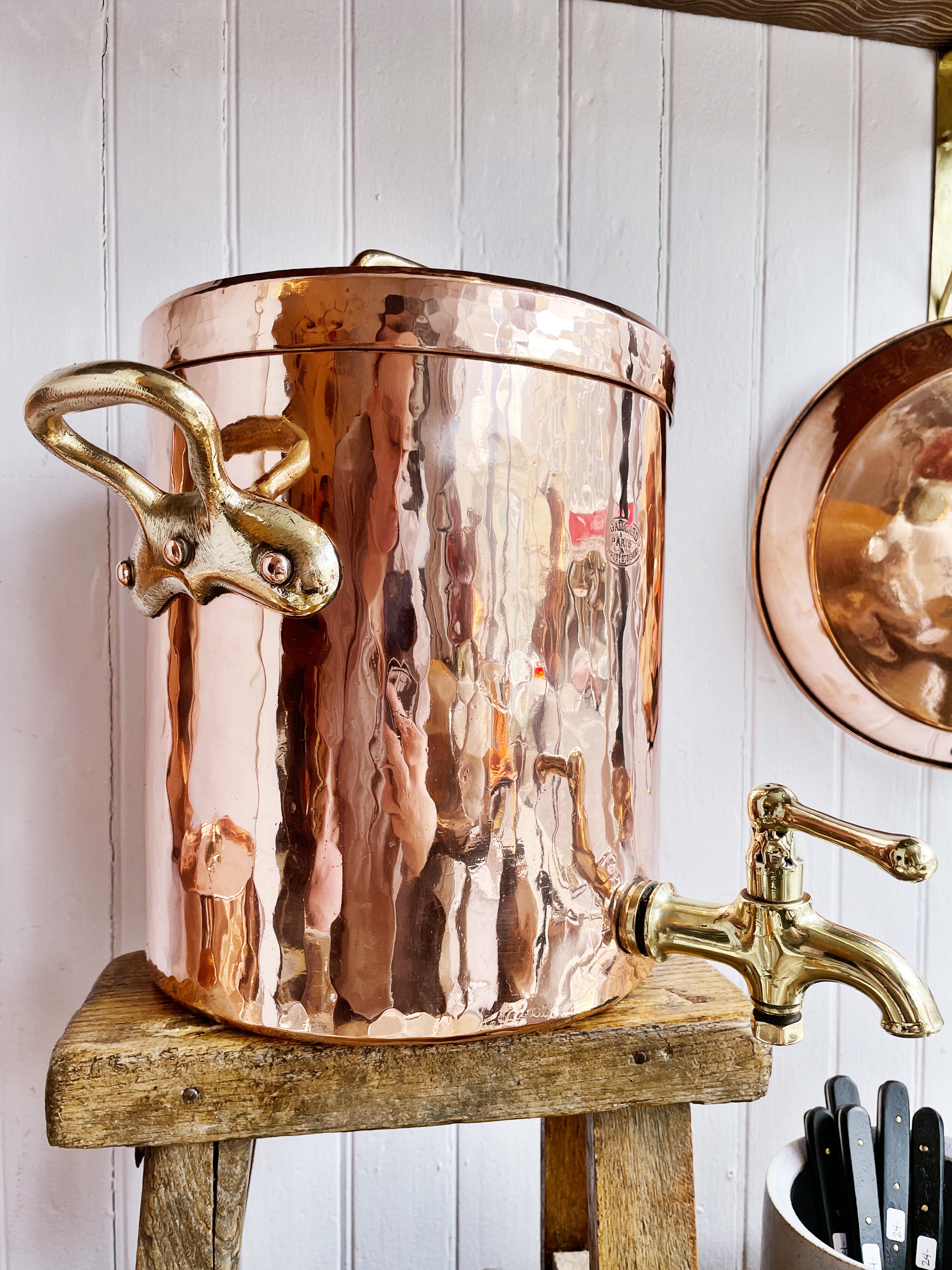 Antique Gaillard Copper Spouted Stock Pot with Lid