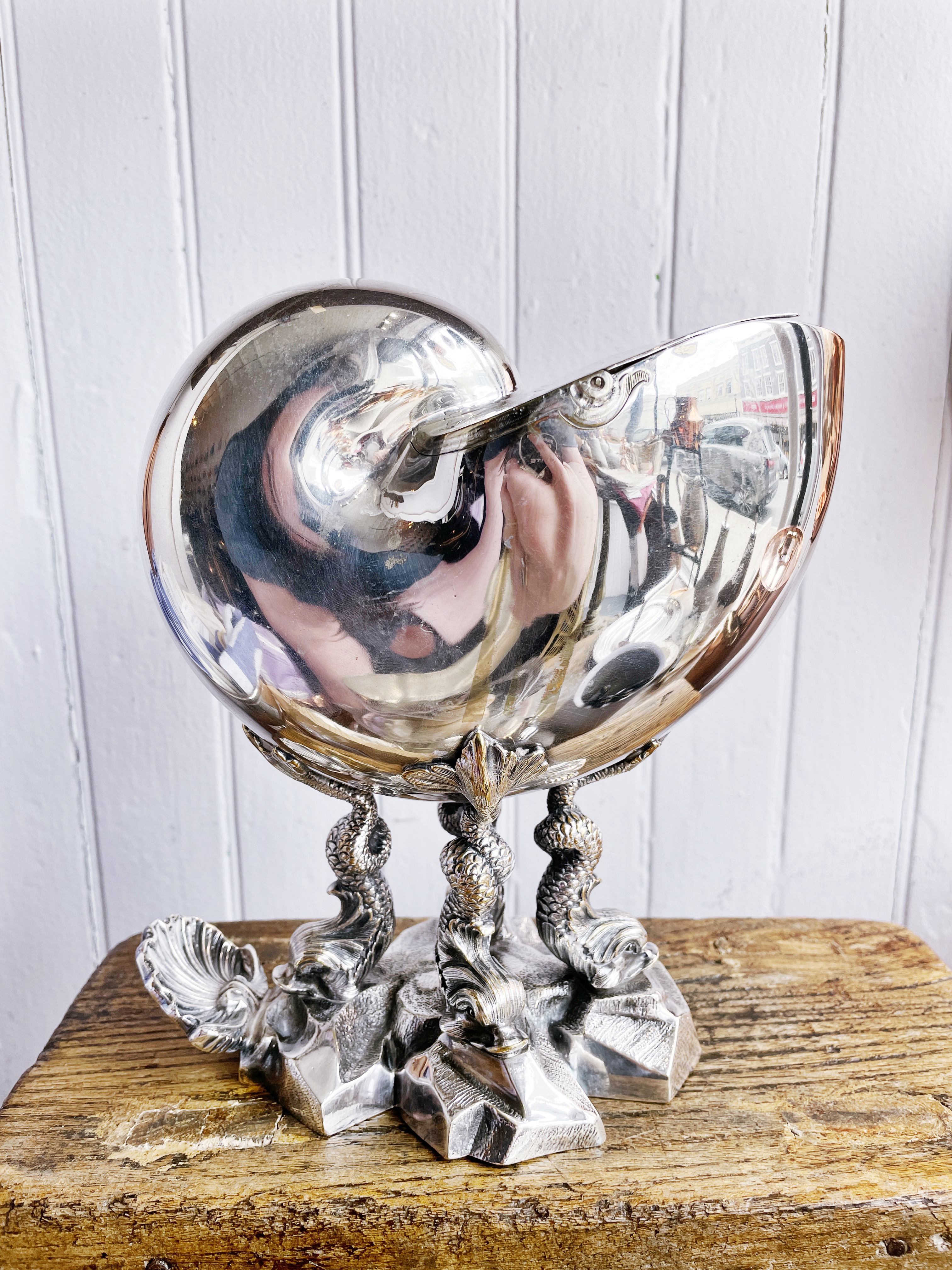Antique English Silver Plated Nautilus Spoon Warmer on Dolphin Feet